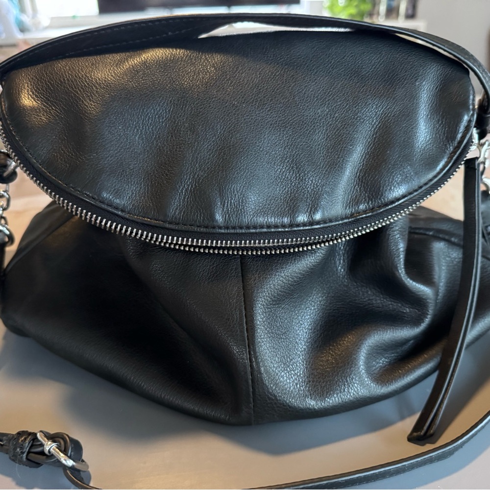 margot Black Leather Crossbody with Silver Zipper